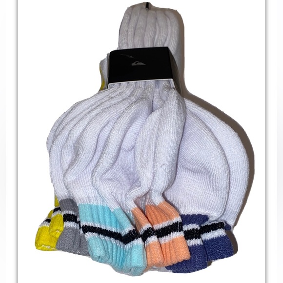 Quicksilver Quarter Socks 5 Pair Men 6-12 White w Multicolor Toe Heel Logo Surf - Picture 9 of 11